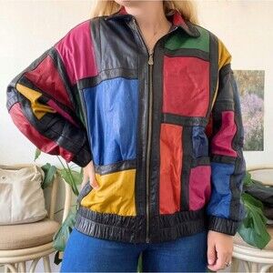 Preston & York Colorblock Streetwear Leather Patchwork Jacket womens size Medium